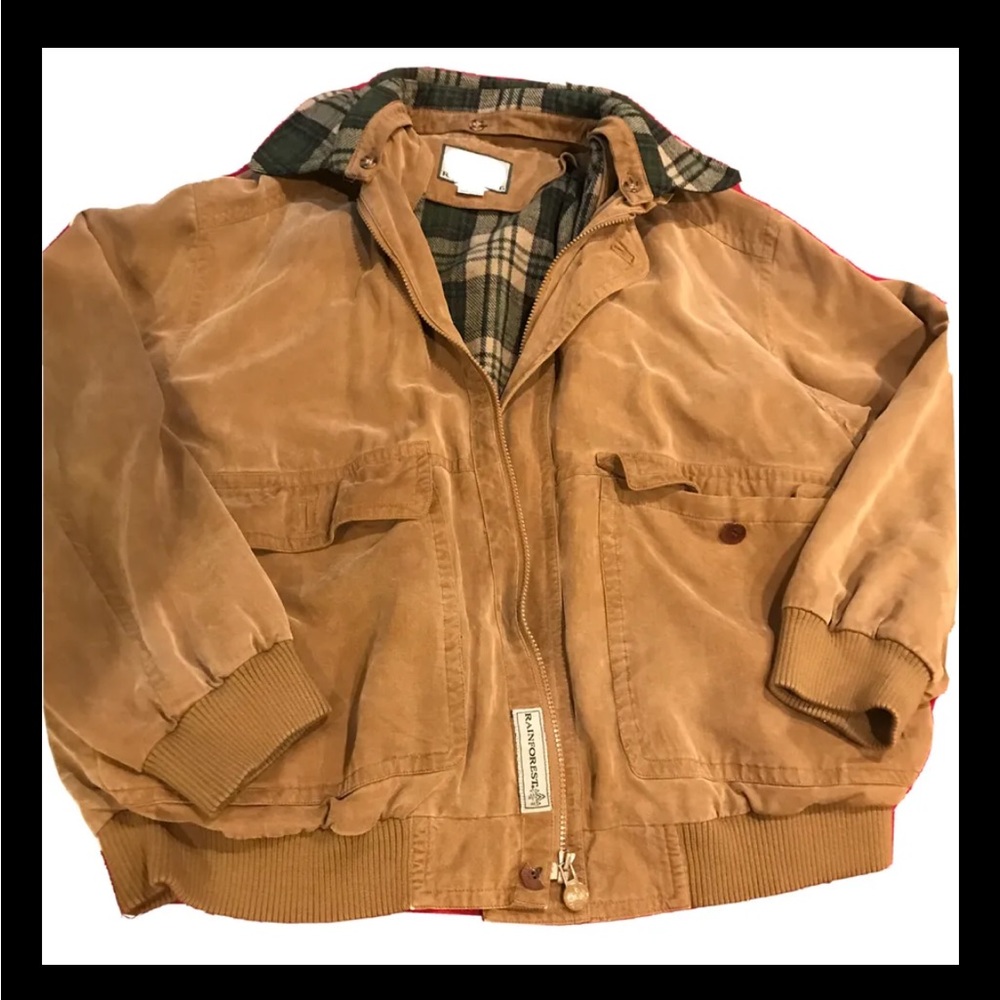 Rainforest 90s BROWN LEATHER BOMBER plaid wool lined Jacket MEN XL Pockets biker